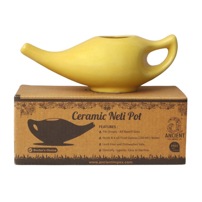 Ancient IMPEX Ceramic Neti Pot 250 Ml (Yellow) with 5 Sachets Neti Salt | Natural Remedy for Sinus Relief, Congestion & Nasal Hygiene | Ayurvedic Nasal Rinse Pot